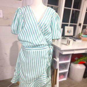 Striped Wrap-around Dress in Teal and White